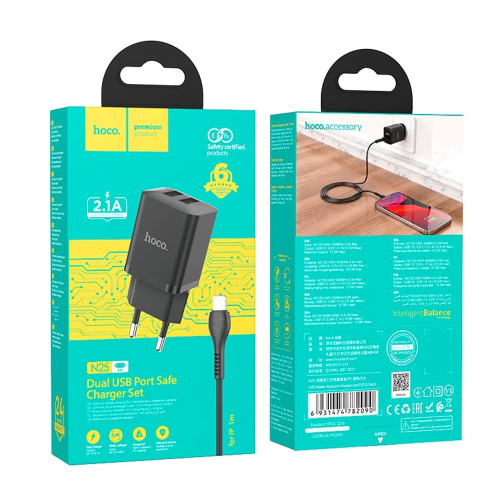 Сетевое зарядное устройство Hoco N25 2xUSB-A (10.5W · 2.1A) с кабелем USB-A – Lightning (Black)