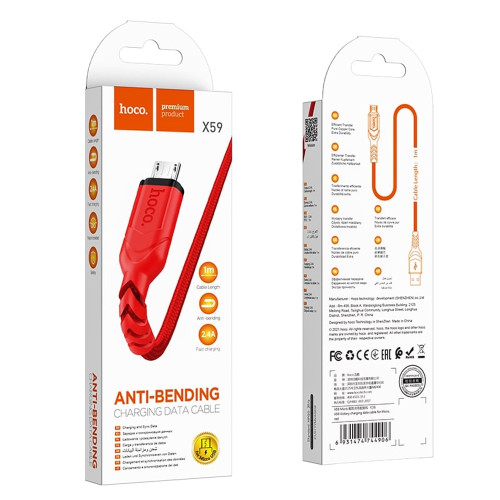 Кабель Hoco X59 USB-A – Micro-USB (1 м · 12W · 2.4A) (Red)