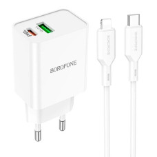 Мережевий зарядний пристрій Borofone BA69A USB-A+USB-C (20W · 3A) з кабелем Type-C – Lightning (White)