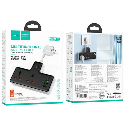 Мережевий фільтр Hoco AC12A на 2 розетки (30W · 3A · 3xUSB-A+USB-C) (Black)