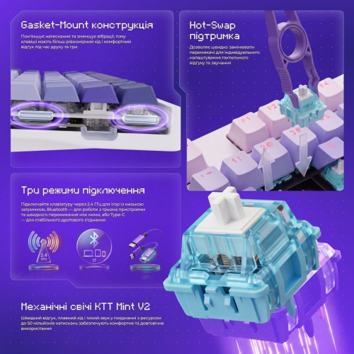 Клавіатура бездротова Proove Gaming Rampage (Ukraine Layout) (Black/Purple)