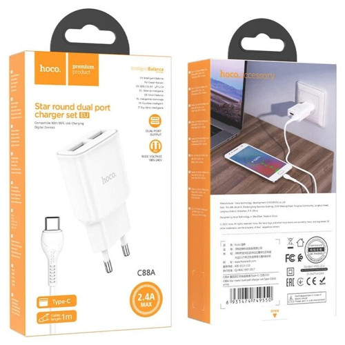 Сетевое зарядное устройство Hoco C88A 2xUSB-A (12W · 2.4A) с кабелем USB-A – Type-C (White)