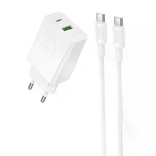 Сетевое зарядное устройство Borofone BAS76A USB-A+USB-C (30W · 3A) с кабелем Type-C – Type-C (White)