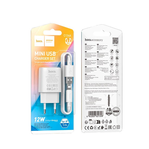 Сетевое зарядное устройство Hoco C134A USB-A (12W · 2.4A) с кабелем USB-A – Lightning (White)