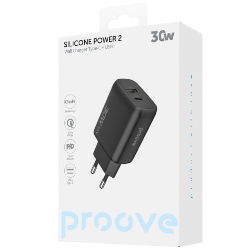 Сетевое зарядное устройство Proove Silicone Power 2 USB-A+USB-C (30W · 3A) (Black)