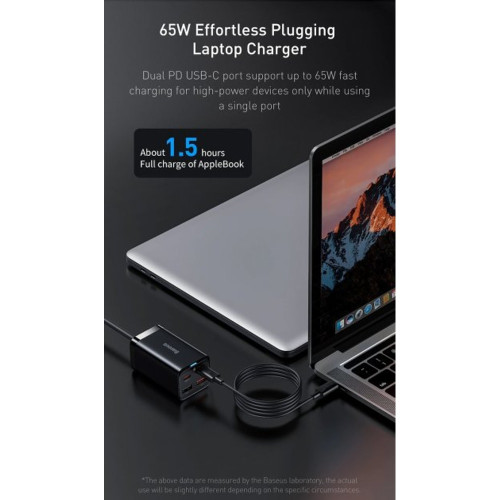 Мережевий зарядний пристрій Baseus GaN3 Pro 2xUSB-A+2xUSB-C (65W · 3A) з кабелем Type-C – Type-C (PSZM000901) (Black)