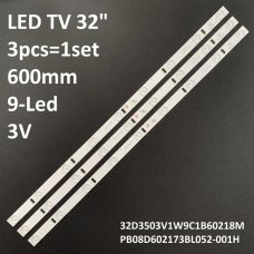 Пряма підсвітка для телевізора Haier 32″ 32D3503V1W9C1B60218M (3 планки по 600 мм, 9 LED, лінза 15,5 мм, 3 В)