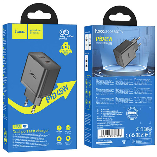 Сетевое зарядное устройство Hoco N35 2xUSB-C (45W · 3A) (Black)
