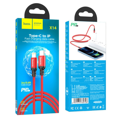 Кабель Hoco X14 Type-C – Lightning (3 м · 20W · 2.4A) (Red)