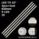 Прямая подсветка для телевизора Vinga 43″ PLDED4331A (4 планки по 830 мм, 9 LED, линза 15,5 мм, 3 В)