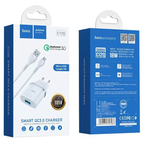 Сетевое зарядное устройство Hoco C12Q USB-A (18W · 3A) с кабелем USB-A – Micro-USB (White)