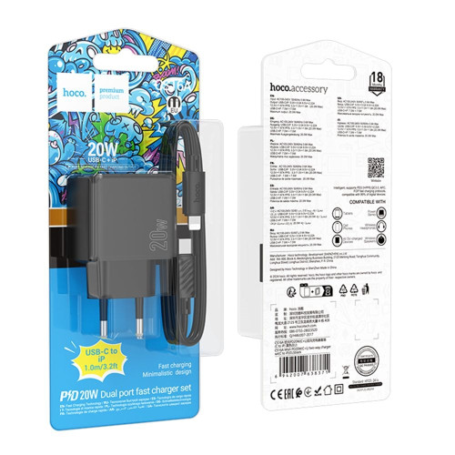 Сетевое зарядное устройство Hoco CS16A USB-C+Lightning (20W · 3A) с кабелем Type-C – Lightning (Black)