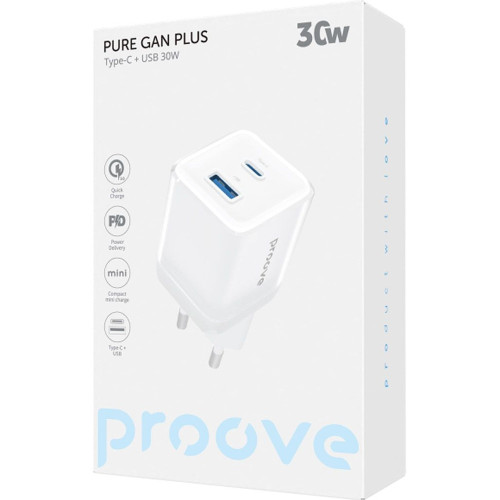 Сетевое зарядное устройство Proove Pure Gan Plus USB-A+USB-C (30W · 3A) (White)
