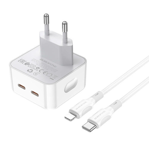 Мережевий зарядний пристрій Borofone BA76A 2xUSB-C (35W · 3A) з кабелем Type-C – Lightning (White)