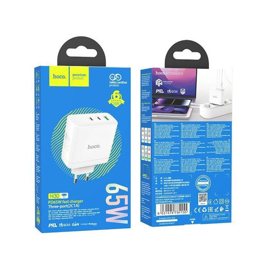 Сетевое зарядное устройство Hoco N30 USB-A+2xUSB-C (65W · 3A) (White)