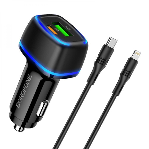 Автомобільний зарядний пристрій Borofone BZ14A USB-A+USB-C (20W · 3A) з кабелем Type-C – Lightning (Black)