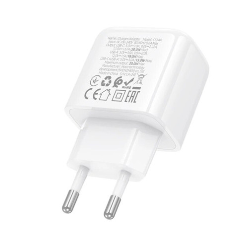 Сетевое зарядное устройство Hoco CS54A USB-A+USB-C (20W · 3A) (White)