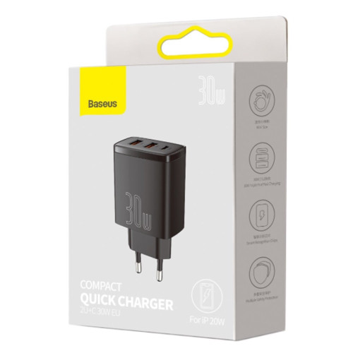 Сетевое зарядное устройство Baseus Compact 2xUSB-A+USB-C (30W · 3A) (CCXJ-E01) (Black)