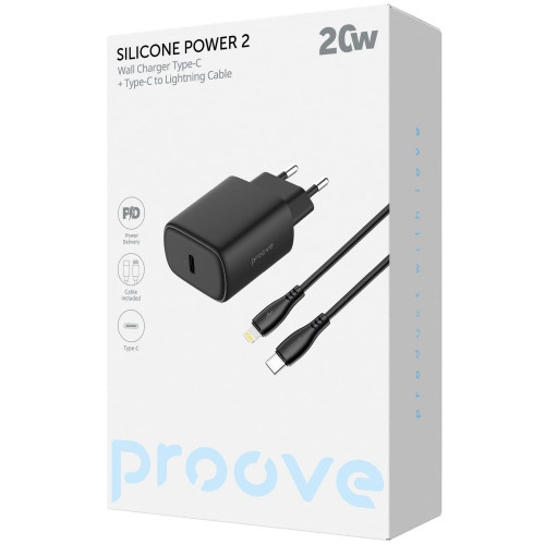 Мережевий зарядний пристрій Proove Silicone Power 2 USB-C (20W) з кабелем Type-C – Lightning (Black)