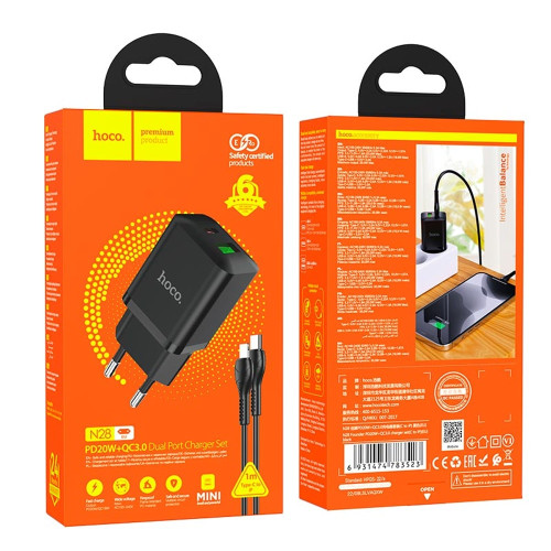 Сетевое зарядное устройство Hoco N28 USB-A+USB-C (20W · 3A) с кабелем Type-C – Lightning (Black)
