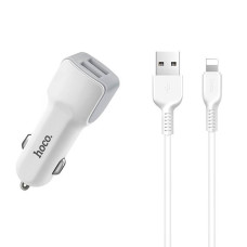 Автомобильное зарядное устройство Hoco Z23 2xUSB-A (12W · 2.4A) с кабелем USB-A – Lightning (White)