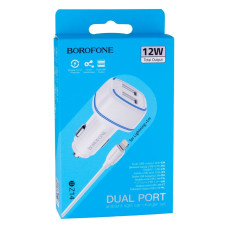 Автомобильное зарядное устройство Borofone BZ14 2xUSB-A (12W · 2.4A) с кабелем USB-A – Lightning (White)
