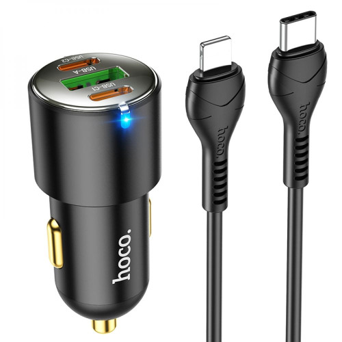 Автомобільний зарядний пристрій Hoco NZ6 USB-A+2xUSB-C (45W · 3A) з кабелем Type-C – Lightning (Black)