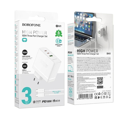 Сетевое зарядное устройство Borofone BN11 USB-A+2xUSB-C (100W · 5A) с кабелем Type-C – Type-C (White)