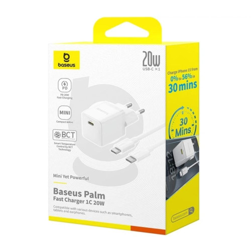 Сетевое зарядное устройство Baseus Palm Fast Charger USB-C (20W · 3A) с кабелем Type-C – Lightning 20W (E0116400) (White)