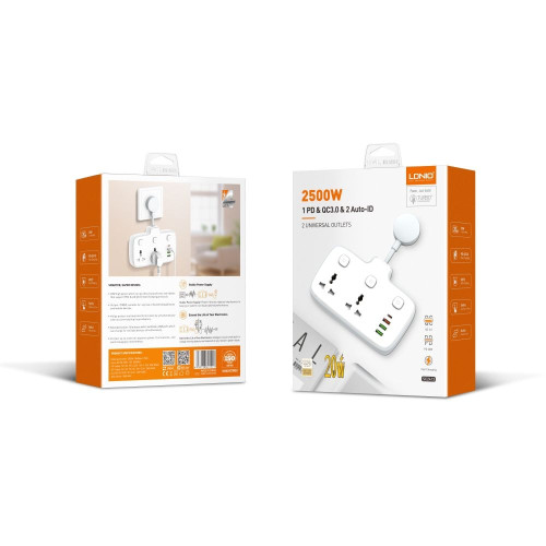 Сетевой фильтр LDNIO SC2413 на 2 розетки (20W · 2.4A · 3xUSB-A+USB-C) (White)