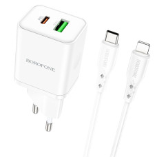 Сетевое зарядное устройство Borofone BN7 USB-A+USB-C (20W · 3A) с кабелем Type-C – Lightning (White)