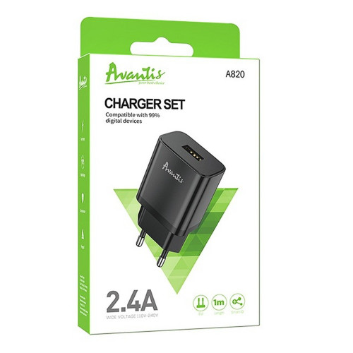 Сетевое зарядное устройство Avantis A820 USB-A (12W · 2.4A) с кабелем USB-A – Micro-USB (Black)