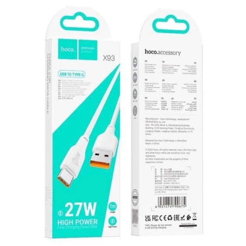 Кабель Hoco X93 USB-A – Type-C Force (1 м · 27W · 3A) (White)