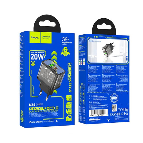 Сетевое зарядное устройство Hoco N34 USB-A+USB-C (20W · 3A) (Black)