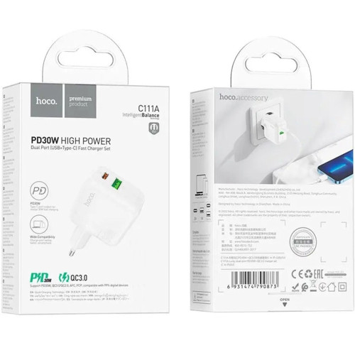 Сетевое зарядное устройство Hoco C111A Lucky USB-A+USB-C (30W · 3A) (White)