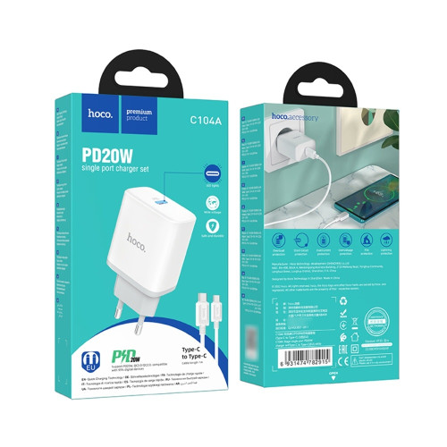 Сетевое зарядное устройство Hoco C104A USB-C (20W · 3A) с кабелем Type-C – Type-C (White)