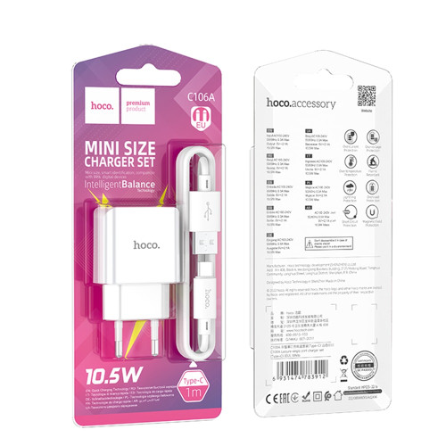Сетевое зарядное устройство Hoco C106A USB-A (10.5W · 2.1A) с кабелем USB-A – Type-C (White)