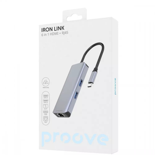 USB-хаб Proove Iron Link 6в1 (2xUSB 3.0 · SD · RJ45 · HDMI) (Silver)