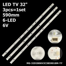 Пряма підсвітка для телевізора Changhong 32″ MG-32D2806V2C3B59018M-YY (3 планки по 590 мм, 6 LED, лінза 15,5 мм, 6 В)
