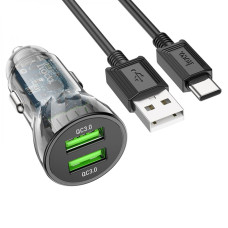 Автомобильное зарядное устройство Hoco Z47 Transparent 2xUSB-A (18W · 3A) с кабелем USB-A – Type-C (Black)