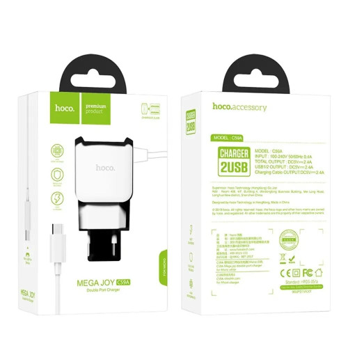 Сетевое зарядное устройство Hoco C59A 2xUSB-A (12W · 2.4A) с кабелем USB-A – Micro-USB (White)