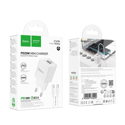 Сетевое зарядное устройство Hoco C147A USB-A+USB-C (20W · 3A) с кабелем Type-C – Type-C (White)