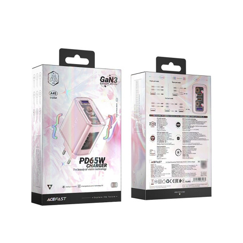 Сетевое зарядное устройство Acefast A45 USB-A+2xUSB-C (65W · 3A) (Pink)