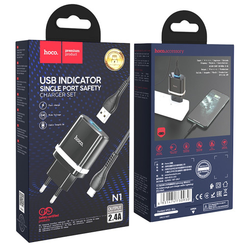Сетевое зарядное устройство Hoco N1 USB-A (12W · 2.4A) с кабелем USB-A – Lightning (Black)