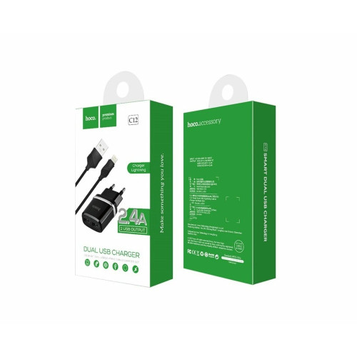 Сетевое зарядное устройство Hoco C12 2xUSB-A (12W · 2.4A) с кабелем USB-A – Lightning (Black)