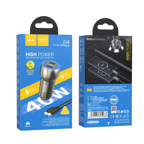 Автомобильное зарядное устройство Hoco Z48 Tough 2xUSB-C (40W · 3A) с кабелем Type-C – Type-C (Gray)