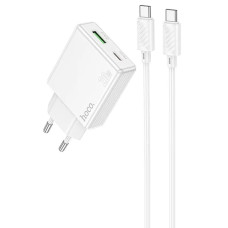 Мережевий зарядний пристрій Hoco C142A USB-A+USB-C (20W · 3A) з кабелем Type-C – Type-C (White)