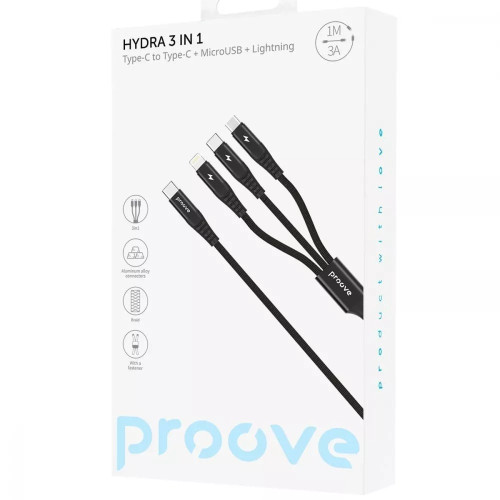 Кабель Proove Hydra 3-в-1 Type-C + Micro USB + Lightning (1.2 м · 15W · 3A) (Black)
