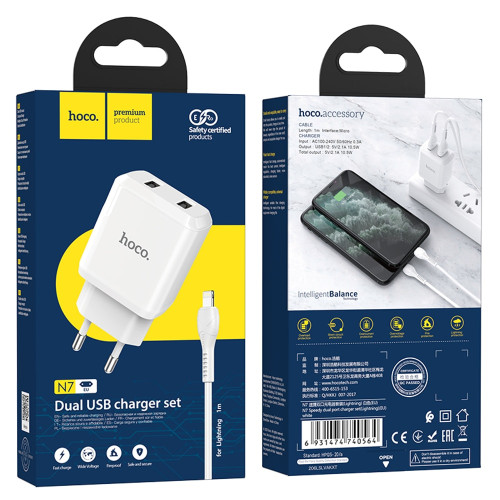 Сетевое зарядное устройство Hoco N7 2xUSB-A (10.5W · 2.1A) с кабелем USB-A – Lightning (White)