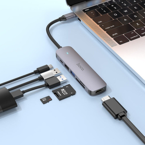 USB-хаб Hoco HB28 6в1 Type-C (HDMI · USB 3.0 · USB 2.0 · SD · microSD · PD) (Metal Gray)